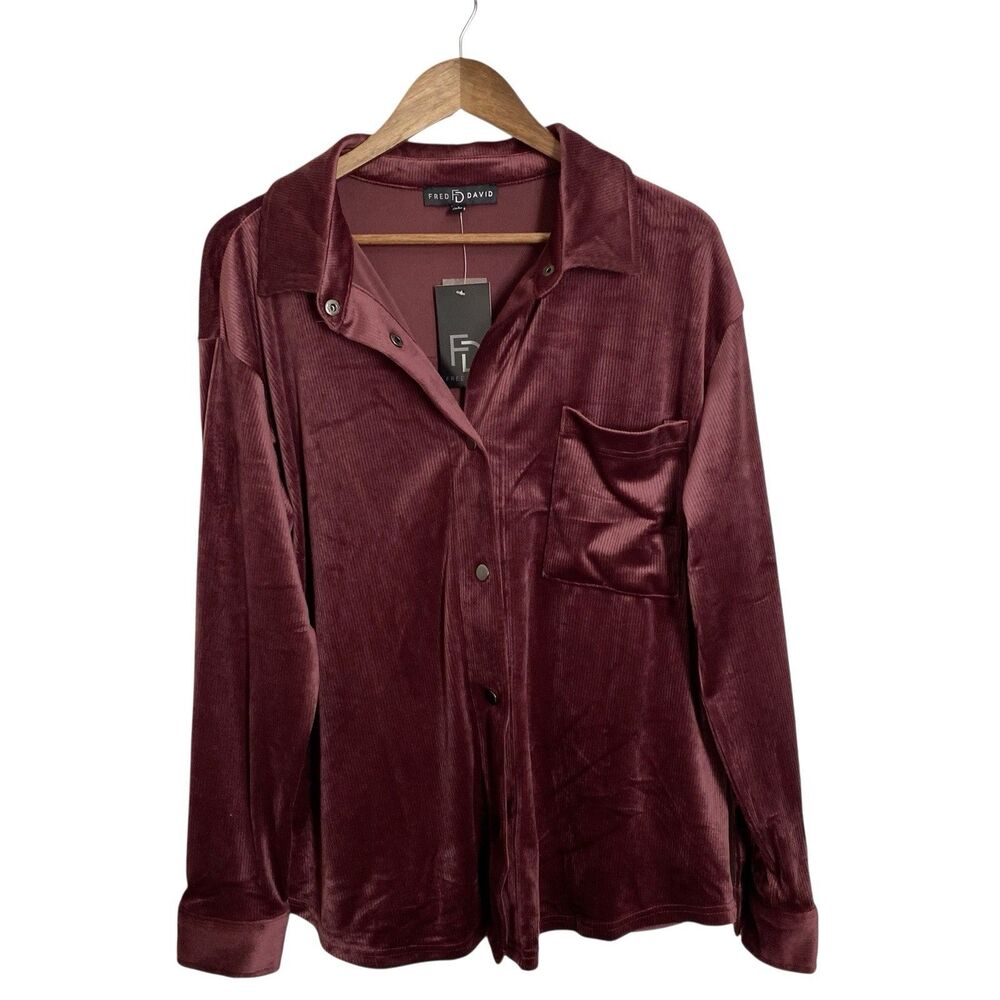 Fred David FD Top Shirt Womens L Burgundy Red Soft Snap Front Long Sleeve
